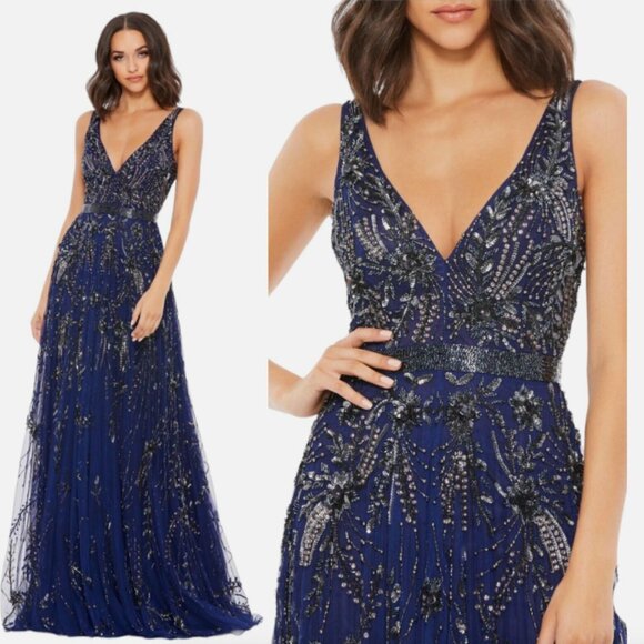 MAC DUGGAL 5215 BEADED PLUNGE NECK MIDNIGHT GOWN sz 12 - Picture 4 of 5